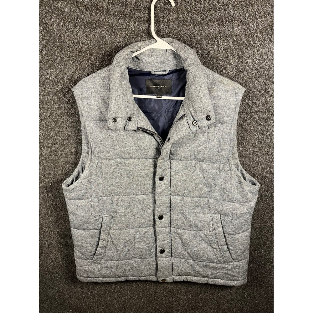 Banana Republic Mens Grey Textured Puffer Vest Size L Full Zip Snap Front Layer